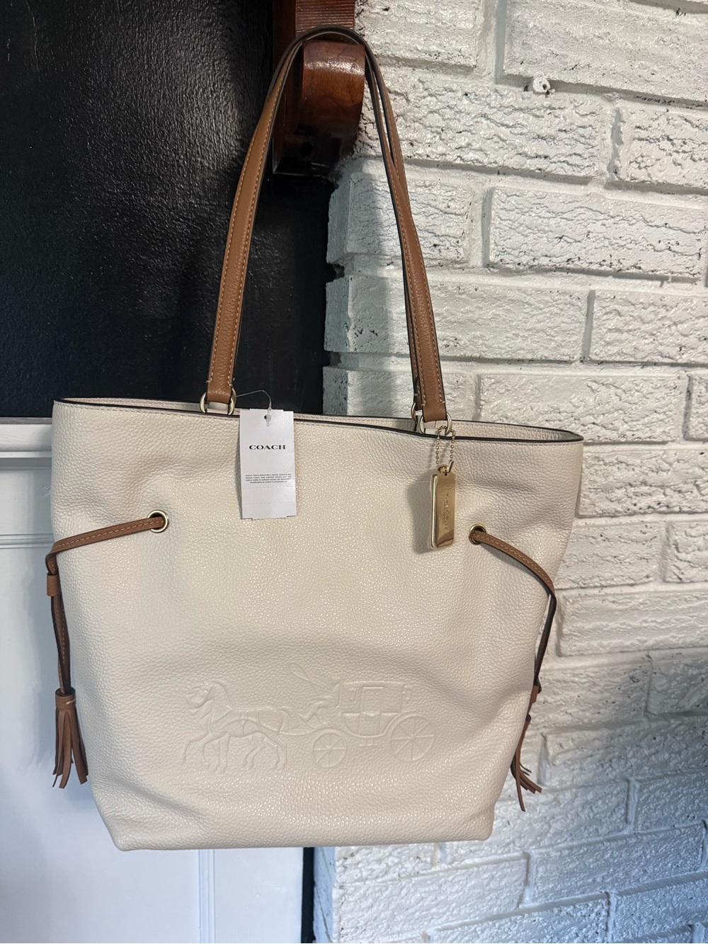 Coach Cream Pebbled Leather Tote with Tan Handles